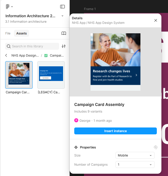 A screenshot of the assets menu in Figma with an asset 'insert instance' highlighted
