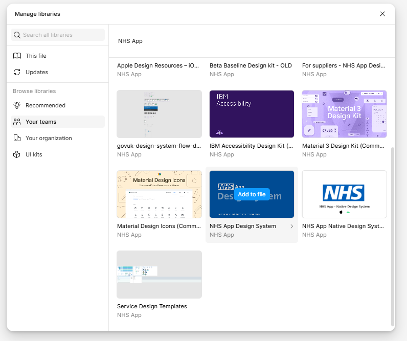 A screenshot of the libraries menu in Figma with 'NHS App design system' highlighted