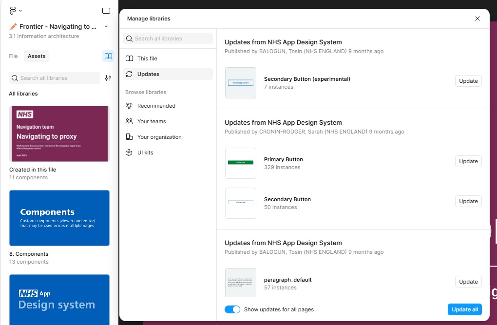 A screenshot of the libraries menu in Figma with 'updates' selected
